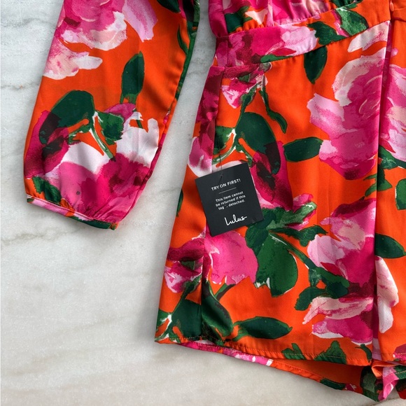 Lulus Women’s Sweetest Song Orange Floral Print Backless Long Sleeve Romper - Picture 13 of 15